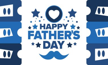 Babalar Günün kutlu olsun. Onurlu babalar. Haziranda güzel bir kutlama. En tatlı aile tatili. Parti etkinliği. Bıyık ve kalp. Mavi renk. Yaratıcı sanat posteri. Vektör tasarımı