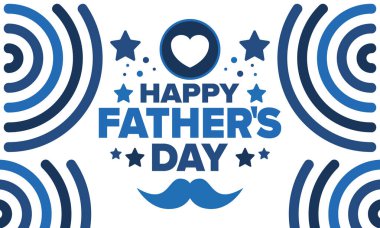 Babalar Günün kutlu olsun. Onurlu babalar. Haziranda güzel bir kutlama. En tatlı aile tatili. Parti etkinliği. Bıyık ve kalp. Mavi renk. Yaratıcı sanat posteri. Vektör tasarımı