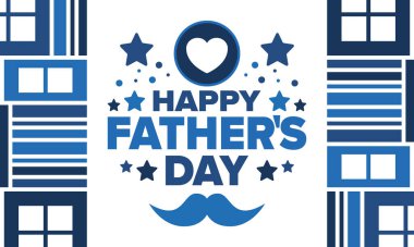 Babalar Günün kutlu olsun. Onurlu babalar. Haziranda güzel bir kutlama. En tatlı aile tatili. Parti etkinliği. Bıyık ve kalp. Mavi renk. Yaratıcı sanat posteri. Vektör tasarımı