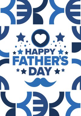 Babalar Günün kutlu olsun. Onurlu babalar. Haziranda güzel bir kutlama. En tatlı aile tatili. Parti etkinliği. Bıyık ve kalp. Mavi renk. Yaratıcı sanat posteri. Vektör tasarımı