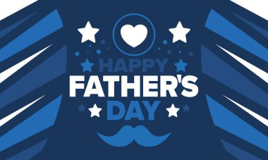 Babalar Günün kutlu olsun. Onurlu babalar. Haziranda güzel bir kutlama. En tatlı aile tatili. Parti etkinliği. Bıyık ve kalp. Mavi renk. Yaratıcı sanat posteri. Vektör tasarımı