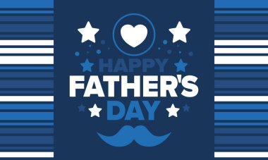 Babalar Günün kutlu olsun. Onurlu babalar. Haziranda güzel bir kutlama. En tatlı aile tatili. Parti etkinliği. Bıyık ve kalp. Mavi renk. Yaratıcı sanat posteri. Vektör tasarımı