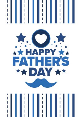 Babalar Günün kutlu olsun. Onurlu babalar. Haziranda güzel bir kutlama. En tatlı aile tatili. Parti etkinliği. Bıyık ve kalp. Mavi renk. Yaratıcı sanat posteri. Vektör tasarımı