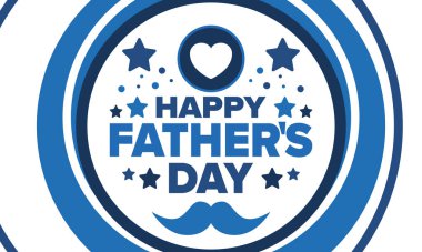 Babalar Günün kutlu olsun. Onurlu babalar. Haziranda güzel bir kutlama. En tatlı aile tatili. Parti etkinliği. Bıyık ve kalp. Mavi renk. Yaratıcı sanat posteri. Vektör tasarımı