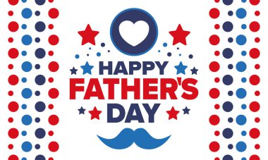 Babalar Günün kutlu olsun. Onurlu babalar. Haziranda güzel bir kutlama. En tatlı aile tatili. Parti etkinliği. Bıyık ve kalp. Mavi renk. Yaratıcı sanat posteri. Vektör tasarımı