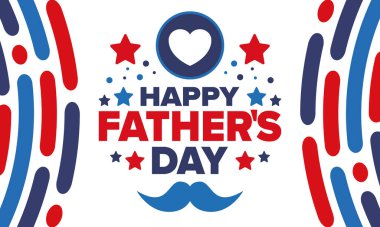 Babalar Günün kutlu olsun. Onurlu babalar. Haziranda güzel bir kutlama. En tatlı aile tatili. Parti etkinliği. Bıyık ve kalp. Mavi renk. Yaratıcı sanat posteri. Vektör tasarımı