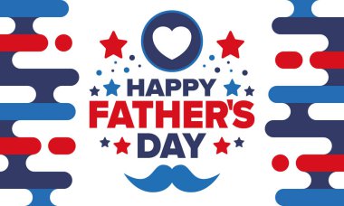 Babalar Günün kutlu olsun. Onurlu babalar. Haziranda güzel bir kutlama. En tatlı aile tatili. Parti etkinliği. Bıyık ve kalp. Mavi renk. Yaratıcı sanat posteri. Vektör tasarımı