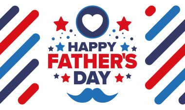 Babalar Günün kutlu olsun. Onurlu babalar. Haziranda güzel bir kutlama. En tatlı aile tatili. Parti etkinliği. Bıyık ve kalp. Mavi renk. Yaratıcı sanat posteri. Vektör tasarımı