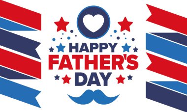 Babalar Günün kutlu olsun. Onurlu babalar. Haziranda güzel bir kutlama. En tatlı aile tatili. Parti etkinliği. Bıyık ve kalp. Mavi renk. Yaratıcı sanat posteri. Vektör tasarımı