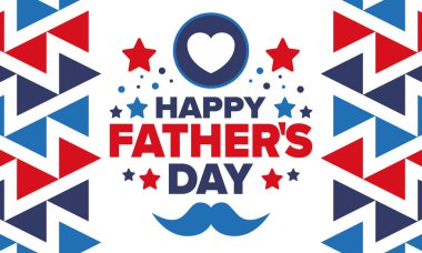 Babalar Günün kutlu olsun. Onurlu babalar. Haziranda güzel bir kutlama. En tatlı aile tatili. Parti etkinliği. Bıyık ve kalp. Mavi renk. Yaratıcı sanat posteri. Vektör tasarımı