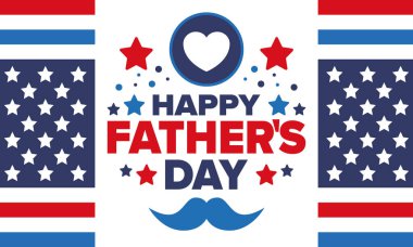 Babalar Günün kutlu olsun. Onurlu babalar. Haziranda güzel bir kutlama. En tatlı aile tatili. Parti etkinliği. Bıyık ve kalp. Mavi renk. Yaratıcı sanat posteri. Vektör tasarımı