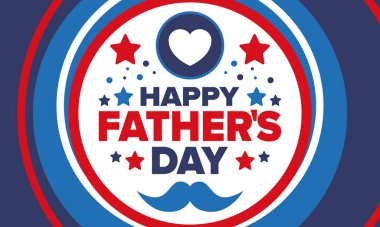 Babalar Günün kutlu olsun. Onurlu babalar. Haziranda güzel bir kutlama. En tatlı aile tatili. Parti etkinliği. Bıyık ve kalp. Mavi renk. Yaratıcı sanat posteri. Vektör tasarımı