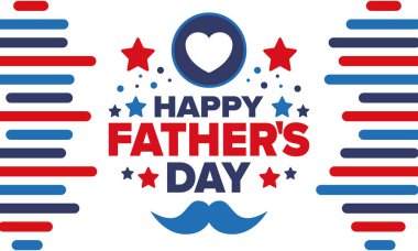 Babalar Günün kutlu olsun. Onurlu babalar. Haziranda güzel bir kutlama. En tatlı aile tatili. Parti etkinliği. Bıyık ve kalp. Mavi renk. Yaratıcı sanat posteri. Vektör tasarımı