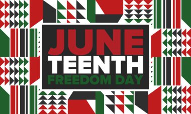 Haziran Bağımsızlık Günü 'nde. Özgürlük ya da Özgürlük Günü. Yıllık Amerikan bayramı, 19 Haziran 'da kutlandı. Afro-Amerikan tarihi ve mirası. Poster, tebrik kartı, afiş ve geçmiş. Vektör