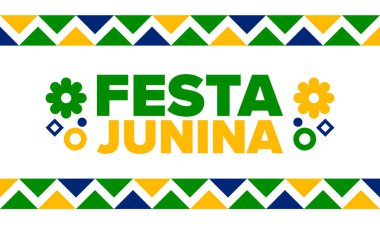 Brezilya 'daki Festa Junina. Brezilya festivali. İyi tatiller. Brezilya bayrağı. Karnaval ve geçit töreni. Yaz eğlencesi partisi. Vektör illüstrasyonu