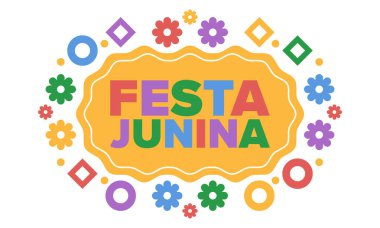 Brezilya 'daki Festa Junina. Brezilya festivali. İyi tatiller. Brezilya bayrağı. Karnaval ve geçit töreni. Yaz eğlencesi partisi. Vektör illüstrasyonu