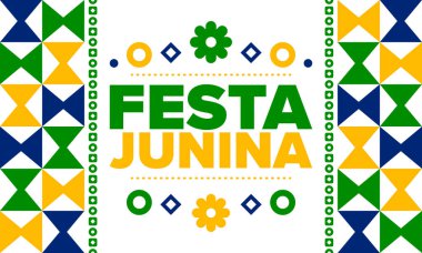 Brezilya 'daki Festa Junina. Brezilya festivali. İyi tatiller. Brezilya bayrağı. Karnaval ve geçit töreni. Yaz eğlencesi partisi. Vektör illüstrasyonu