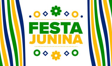 Brezilya 'daki Festa Junina. Brezilya festivali. İyi tatiller. Brezilya bayrağı. Karnaval ve geçit töreni. Yaz eğlencesi partisi. Vektör illüstrasyonu