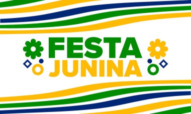 Brezilya 'daki Festa Junina. Brezilya festivali. İyi tatiller. Brezilya bayrağı. Karnaval ve geçit töreni. Yaz eğlencesi partisi. Vektör illüstrasyonu