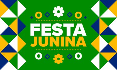 Brezilya 'daki Festa Junina. Brezilya festivali. İyi tatiller. Brezilya bayrağı. Karnaval ve geçit töreni. Yaz eğlencesi partisi. Vektör illüstrasyonu