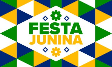 Brezilya 'daki Festa Junina. Brezilya festivali. İyi tatiller. Brezilya bayrağı. Karnaval ve geçit töreni. Yaz eğlencesi partisi. Vektör illüstrasyonu