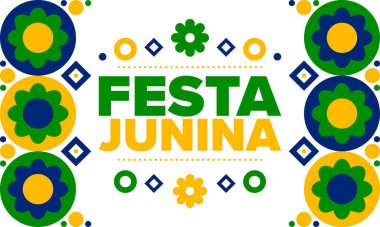 Brezilya 'daki Festa Junina. Brezilya festivali. İyi tatiller. Brezilya bayrağı. Karnaval ve geçit töreni. Yaz eğlencesi partisi. Vektör illüstrasyonu