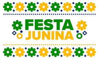 Brezilya 'daki Festa Junina. Brezilya festivali. İyi tatiller. Brezilya bayrağı. Karnaval ve geçit töreni. Yaz eğlencesi partisi. Vektör illüstrasyonu