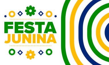 Brezilya 'daki Festa Junina. Brezilya festivali. İyi tatiller. Brezilya bayrağı. Karnaval ve geçit töreni. Yaz eğlencesi partisi. Vektör illüstrasyonu