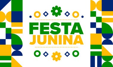 Brezilya 'daki Festa Junina. Brezilya festivali. İyi tatiller. Brezilya bayrağı. Karnaval ve geçit töreni. Yaz eğlencesi partisi. Vektör illüstrasyonu