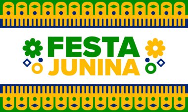 Brezilya 'daki Festa Junina. Brezilya festivali. İyi tatiller. Brezilya bayrağı. Karnaval ve geçit töreni. Yaz eğlencesi partisi. Vektör illüstrasyonu