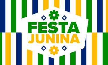 Brezilya 'daki Festa Junina. Brezilya festivali. İyi tatiller. Brezilya bayrağı. Karnaval ve geçit töreni. Yaz eğlencesi partisi. Vektör illüstrasyonu