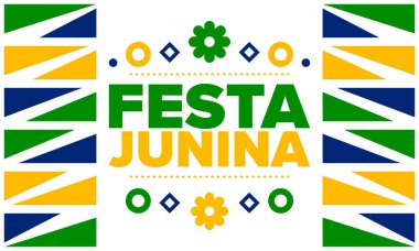 Brezilya 'daki Festa Junina. Brezilya festivali. İyi tatiller. Brezilya bayrağı. Karnaval ve geçit töreni. Yaz eğlencesi partisi. Vektör illüstrasyonu