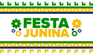 Brezilya 'daki Festa Junina. Brezilya festivali. İyi tatiller. Brezilya bayrağı. Karnaval ve geçit töreni. Yaz eğlencesi partisi. Vektör illüstrasyonu