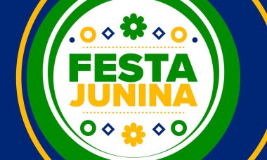 Brezilya 'daki Festa Junina. Brezilya festivali. İyi tatiller. Brezilya bayrağı. Karnaval ve geçit töreni. Yaz eğlencesi partisi. Vektör illüstrasyonu