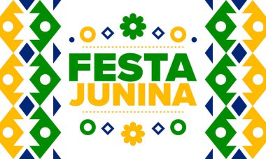 Brezilya 'daki Festa Junina. Brezilya festivali. İyi tatiller. Brezilya bayrağı. Karnaval ve geçit töreni. Yaz eğlencesi partisi. Vektör illüstrasyonu