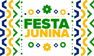 Brezilya 'daki Festa Junina. Brezilya festivali. İyi tatiller. Brezilya bayrağı. Karnaval ve geçit töreni. Yaz eğlencesi partisi. Vektör illüstrasyonu