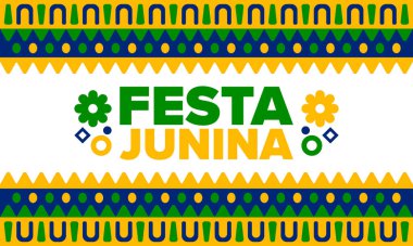 Brezilya 'daki Festa Junina. Brezilya festivali. İyi tatiller. Brezilya bayrağı. Karnaval ve geçit töreni. Yaz eğlencesi partisi. Vektör illüstrasyonu