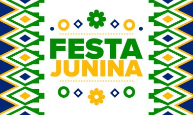 Brezilya 'daki Festa Junina. Brezilya festivali. İyi tatiller. Brezilya bayrağı. Karnaval ve geçit töreni. Yaz eğlencesi partisi. Vektör illüstrasyonu