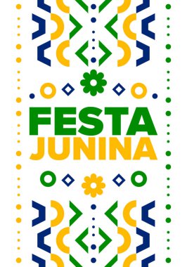 Brezilya 'daki Festa Junina. Brezilya festivali. İyi tatiller. Brezilya bayrağı. Karnaval ve geçit töreni. Yaz eğlencesi partisi. Vektör illüstrasyonu