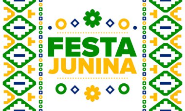 Brezilya 'daki Festa Junina. Brezilya festivali. İyi tatiller. Brezilya bayrağı. Karnaval ve geçit töreni. Yaz eğlencesi partisi. Vektör illüstrasyonu
