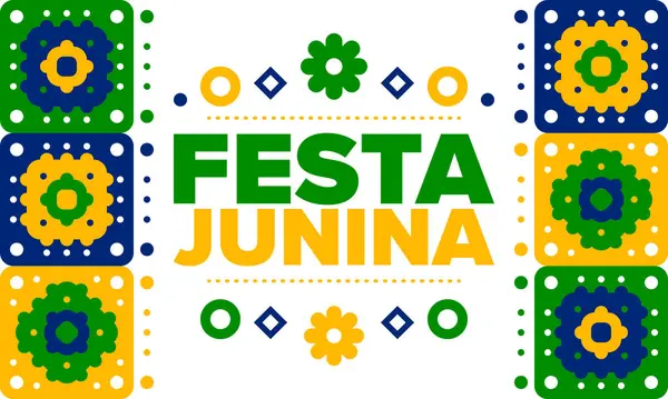 Brezilya 'daki Festa Junina. Brezilya festivali. İyi tatiller. Brezilya bayrağı. Karnaval ve geçit töreni. Yaz eğlencesi partisi. Vektör illüstrasyonu