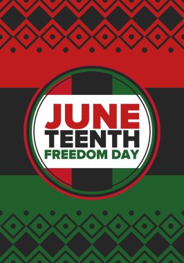 Haziran Bağımsızlık Günü 'nde. Özgürlük ya da Özgürlük Günü. Yıllık Amerikan bayramı, 19 Haziran 'da kutlandı. Afro-Amerikan tarihi ve mirası. Poster, tebrik kartı, afiş ve geçmiş. Vektör