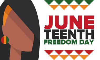 Haziran Bağımsızlık Günü 'nde. Özgürlük ya da Özgürlük Günü. Yıllık Amerikan bayramı, 19 Haziran 'da kutlandı. Afro-Amerikan tarihi ve mirası. Poster, tebrik kartı, afiş ve geçmiş. Vektör