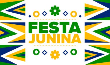 Brezilya 'daki Festa Junina. Brezilya festivali. İyi tatiller. Brezilya bayrağı. Karnaval ve geçit töreni. Yaz eğlencesi partisi. Vektör illüstrasyonu