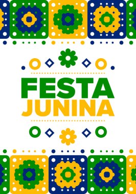 Brezilya 'daki Festa Junina. Brezilya festivali. İyi tatiller. Brezilya bayrağı. Karnaval ve geçit töreni. Yaz eğlencesi partisi. Vektör illüstrasyonu