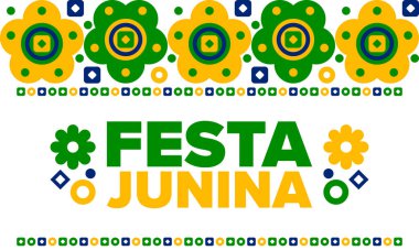 Brezilya 'daki Festa Junina. Brezilya festivali. İyi tatiller. Brezilya bayrağı. Karnaval ve geçit töreni. Yaz eğlencesi partisi. Vektör illüstrasyonu