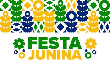 Brezilya 'daki Festa Junina. Brezilya festivali. İyi tatiller. Brezilya bayrağı. Karnaval ve geçit töreni. Yaz eğlencesi partisi. Vektör illüstrasyonu
