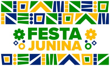 Brezilya 'daki Festa Junina. Brezilya festivali. İyi tatiller. Brezilya bayrağı. Karnaval ve geçit töreni. Yaz eğlencesi partisi. Vektör illüstrasyonu