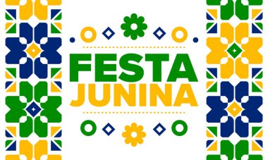 Brezilya 'daki Festa Junina. Brezilya festivali. İyi tatiller. Brezilya bayrağı. Karnaval ve geçit töreni. Yaz eğlencesi partisi. Vektör illüstrasyonu