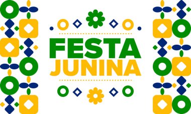 Brezilya 'daki Festa Junina. Brezilya festivali. İyi tatiller. Brezilya bayrağı. Karnaval ve geçit töreni. Yaz eğlencesi partisi. Vektör illüstrasyonu